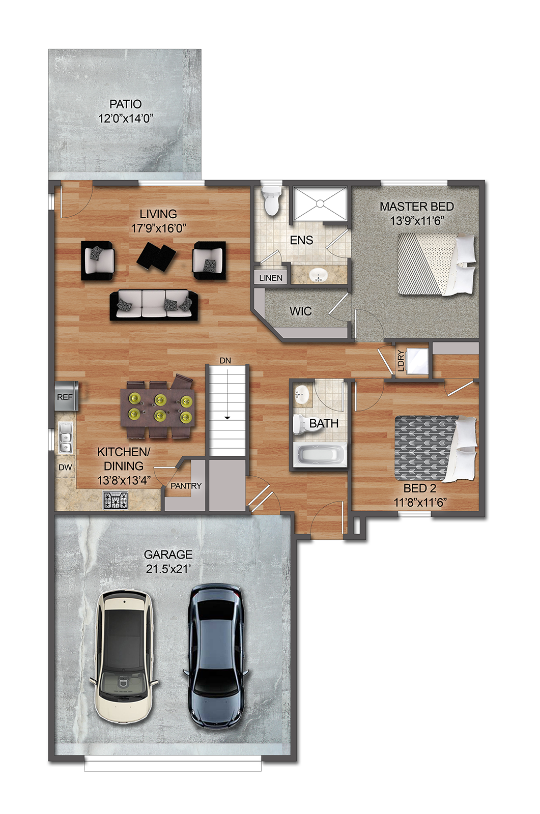 Floor plan of a house showing an attached garage, kitchen and dining area, living room, two bedrooms, two bathrooms, laundry room, closet spaces, and patio.