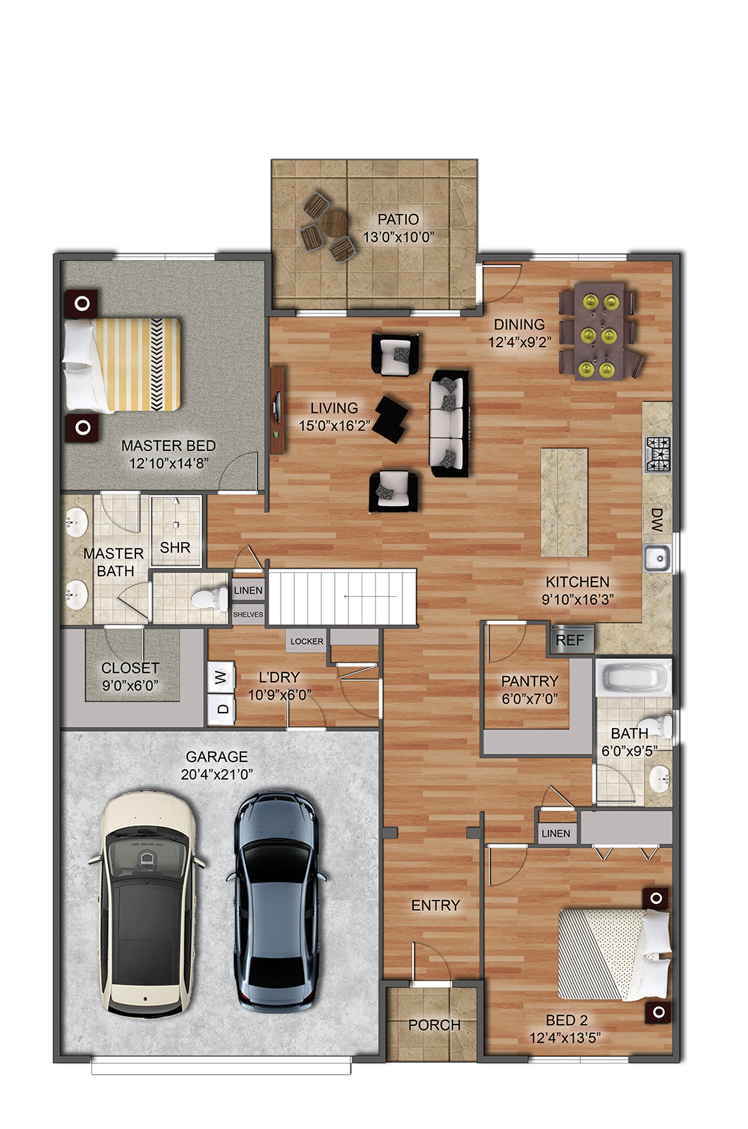 Floor plan of a house with two bedrooms, two bathrooms, living room, kitchen, dining area, patio, laundry room, garage, porch, and various closets and storage spaces.