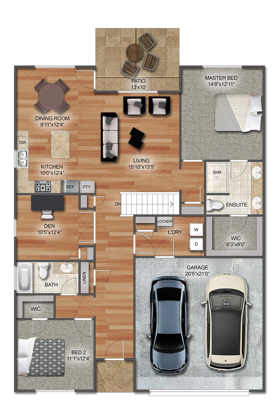 Floor plan of a house showing various rooms including living room, kitchen, dining area, master bedroom, bedroom 2, den, bathrooms, laundry, garage, and outdoor patio.