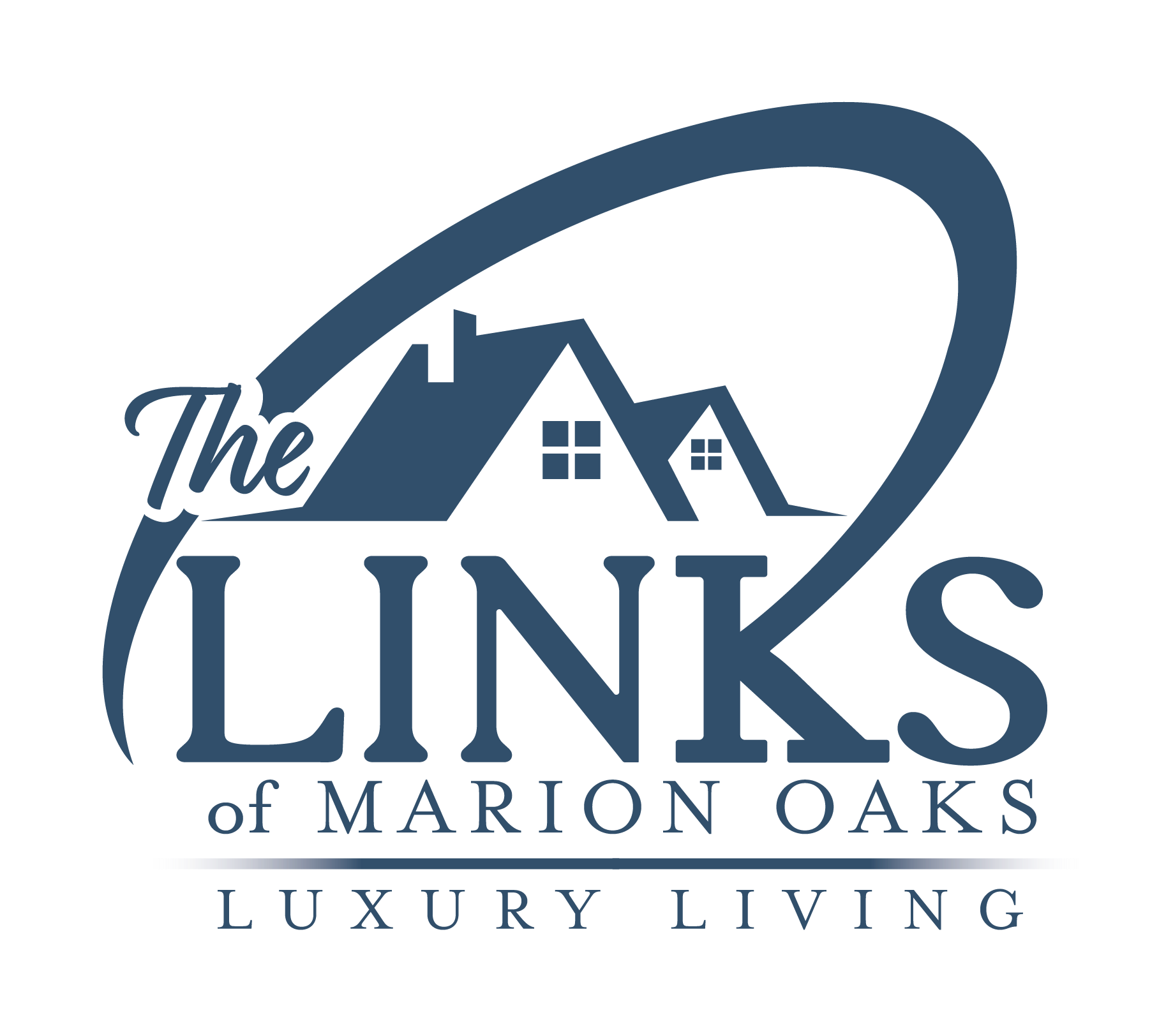 Logo for The Links of Marion Oaks, a senior community in Ocala, Florida, with a house and trees in a circular design and text indicating luxury living.