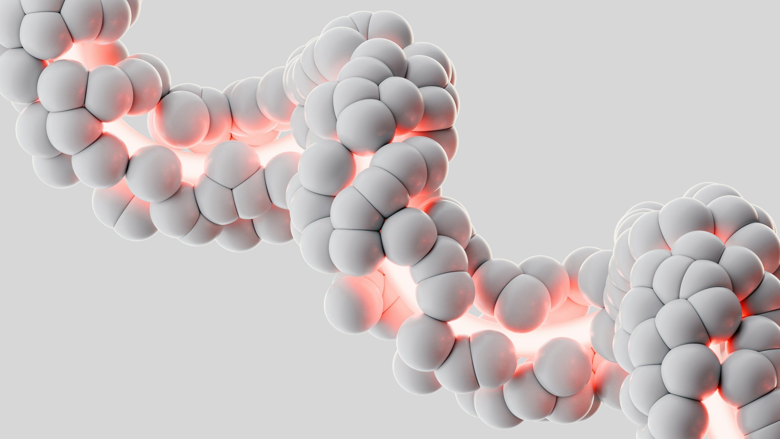 A digital illustration of a DNA double helix with white spheres representing the base pairs and glowing red connections between them.