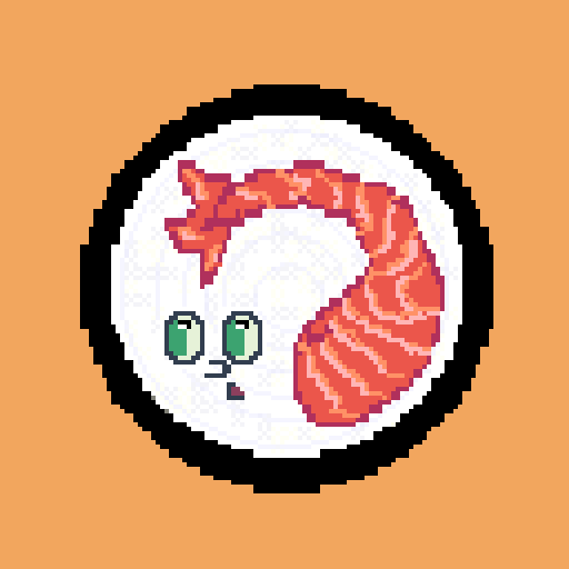 Pixel art image of a sushi roll with a cute cat face and a shrimp on top, against a brown background.