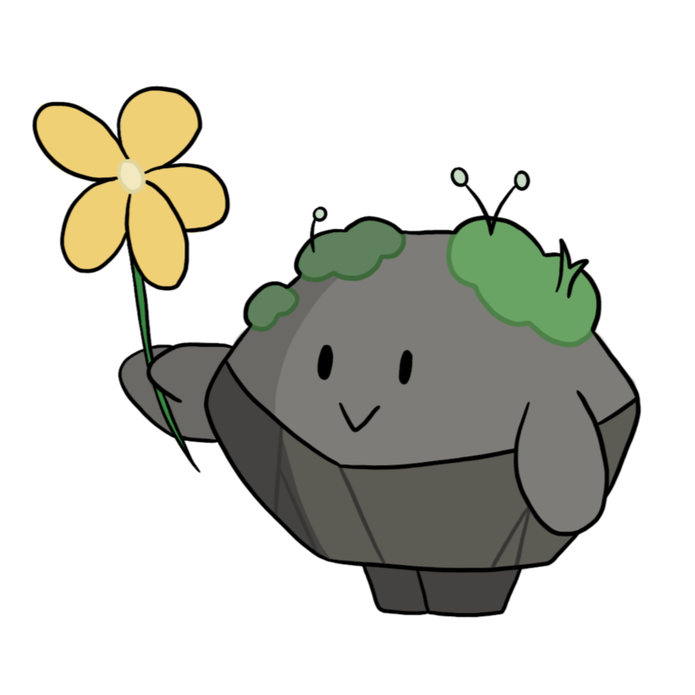A cute cartoon rock character with a smiling face, holding a yellow flower. The rock has small green moss patches on top and is gray in color.