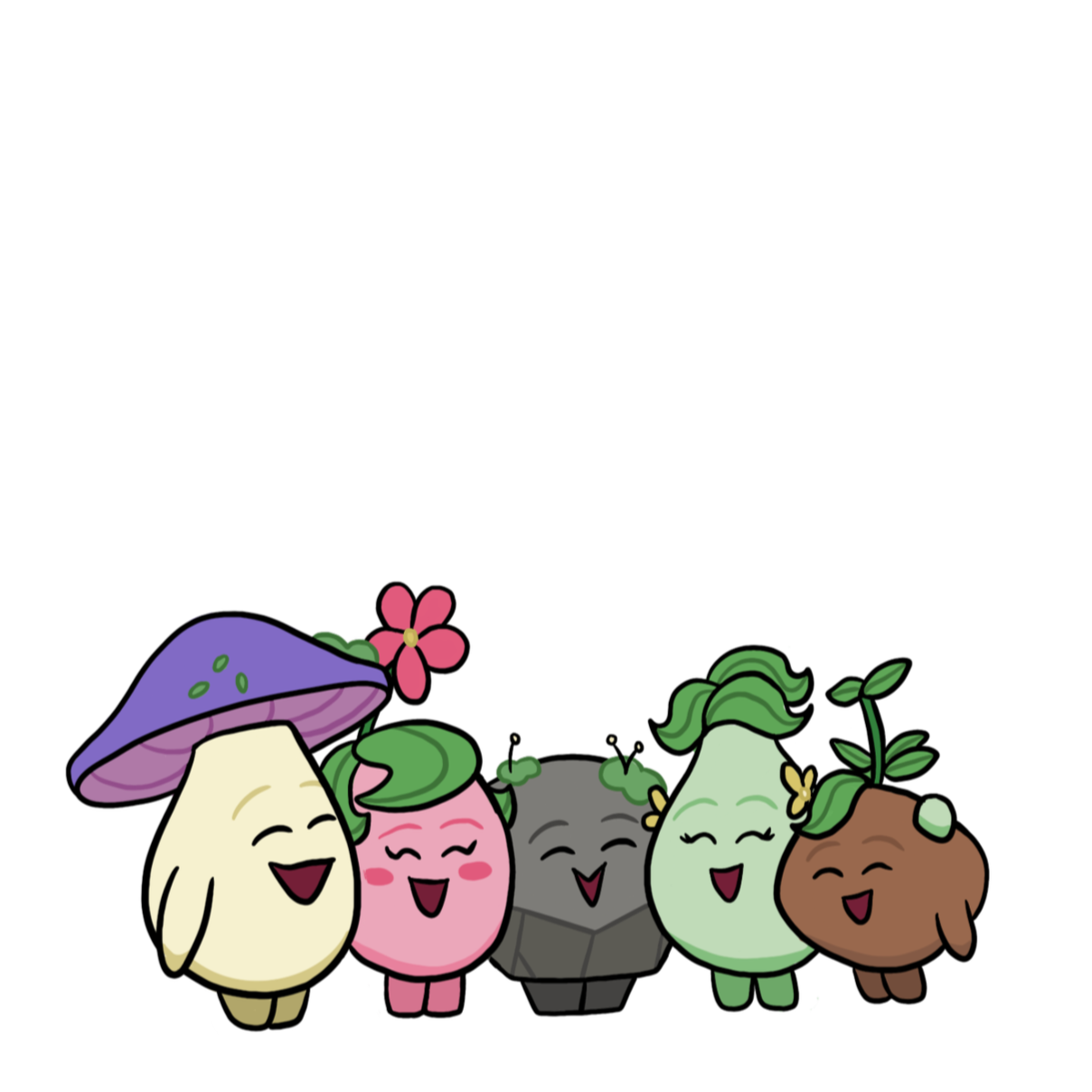 Cute cartoon rock, mushroom, pear, raspberry, and brown chick characters with smiling faces and plants growing from them, against a black background.