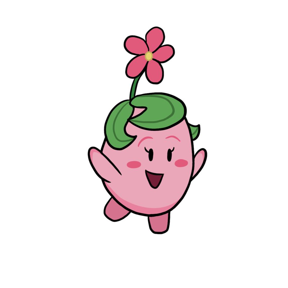 Animated pink character with green leaves as hair, smiling and waving, with a pink flower on a green stem growing from its head.