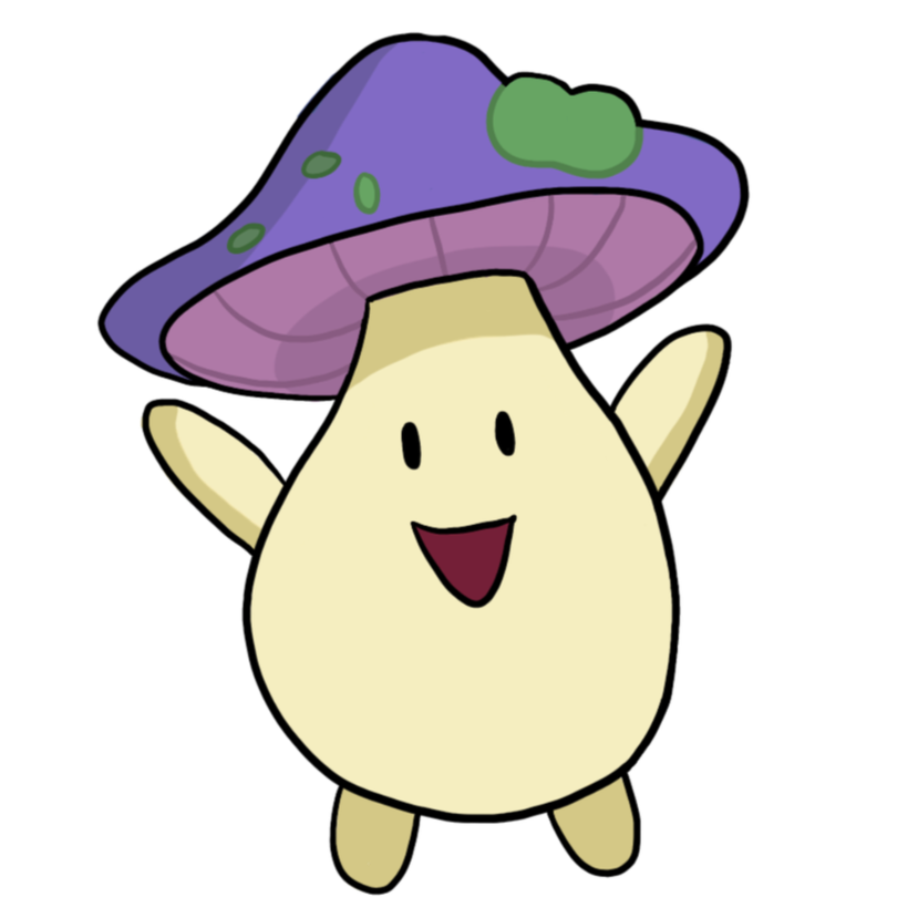 Cartoon character with a mushroom-shaped head, smiling with arms raised, wearing a purple mushroom cap with green spots.