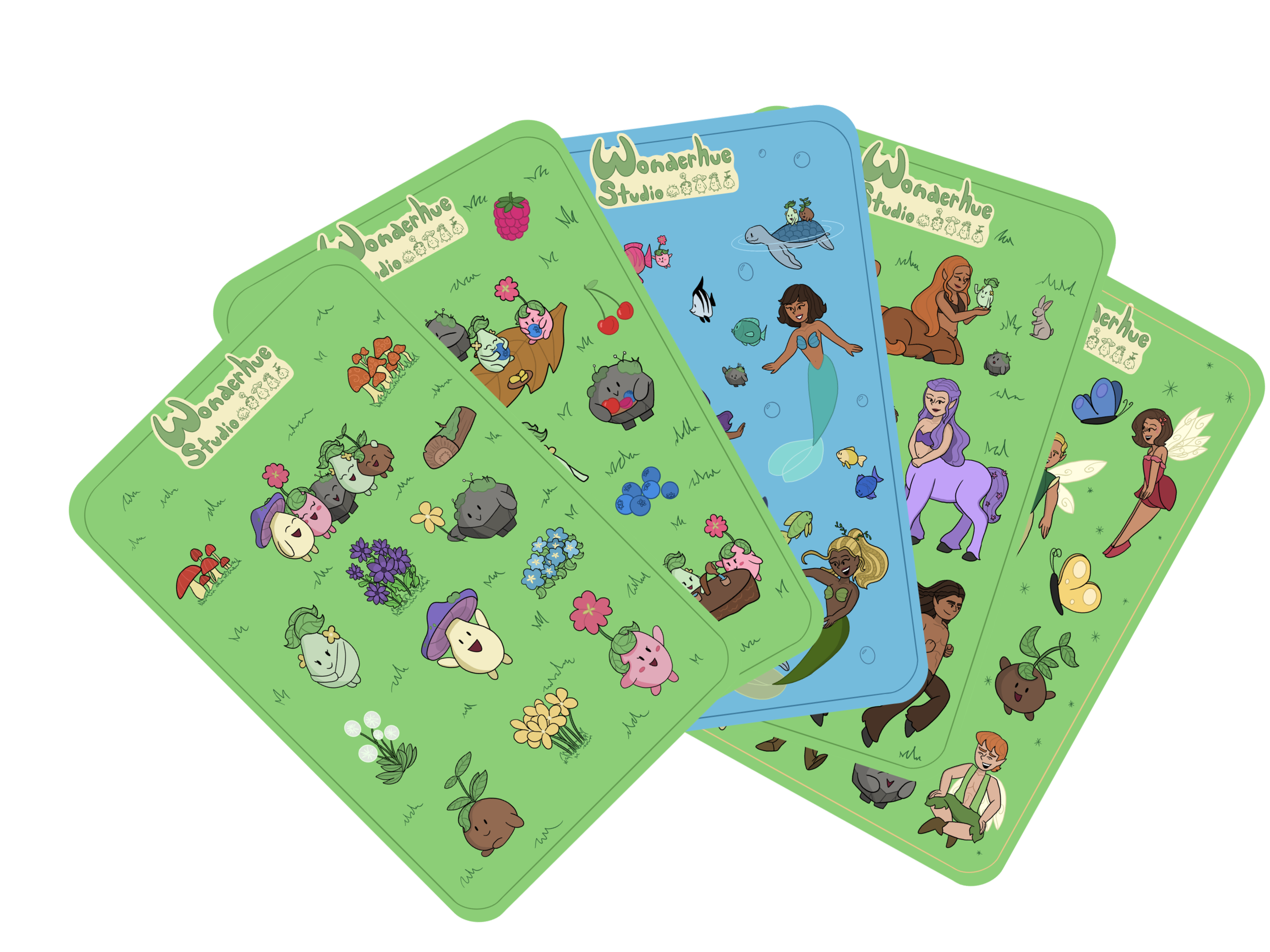 A collection of colorful cards depicting various cartoon characters and scenes from Wonderhue Studio, including anthropomorphic animals, mythical creatures, and people in fantasy settings.