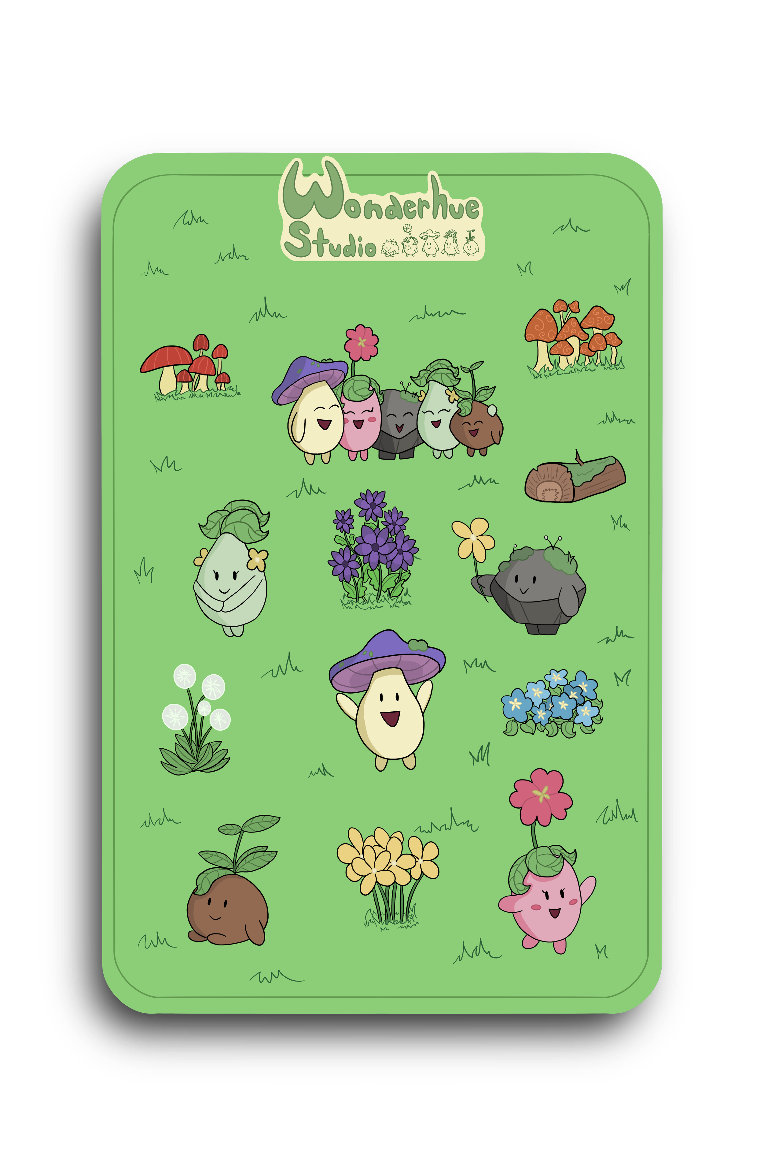 Colorful cartoon illustration on a green background featuring various whimsical mushrooms, plants, flowers, logs, and happy characters with smiling faces, including a group at the top and individual characters dispersed throughout, with the title 'Wonderhue Studio' at the top.