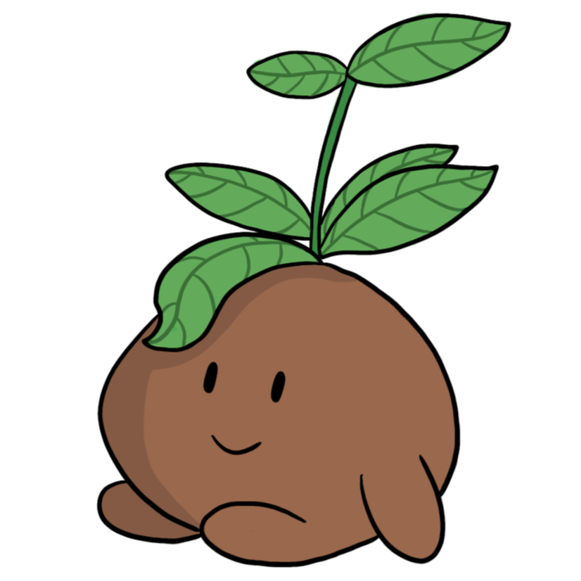 A cute cartoon character with a round, brown body resembling a potato or sweet potato, with green leaves sprouting from the top of its head, smiling gently.