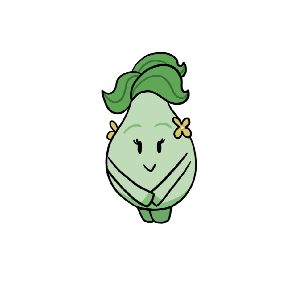 A cute cartoon character resembling a light green pear with a smiling face, large leafy green top, and small yellow flowers on the sides, hugging itself.