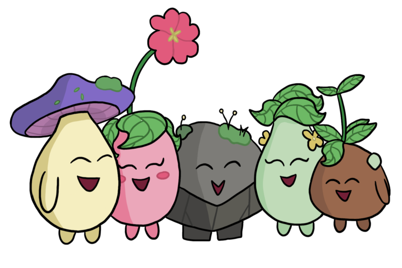 Cartoon illustration of various happy vegetables, including a mushroom, radish, stone, cucumber, and potato, with smiling faces and plants growing from their heads.