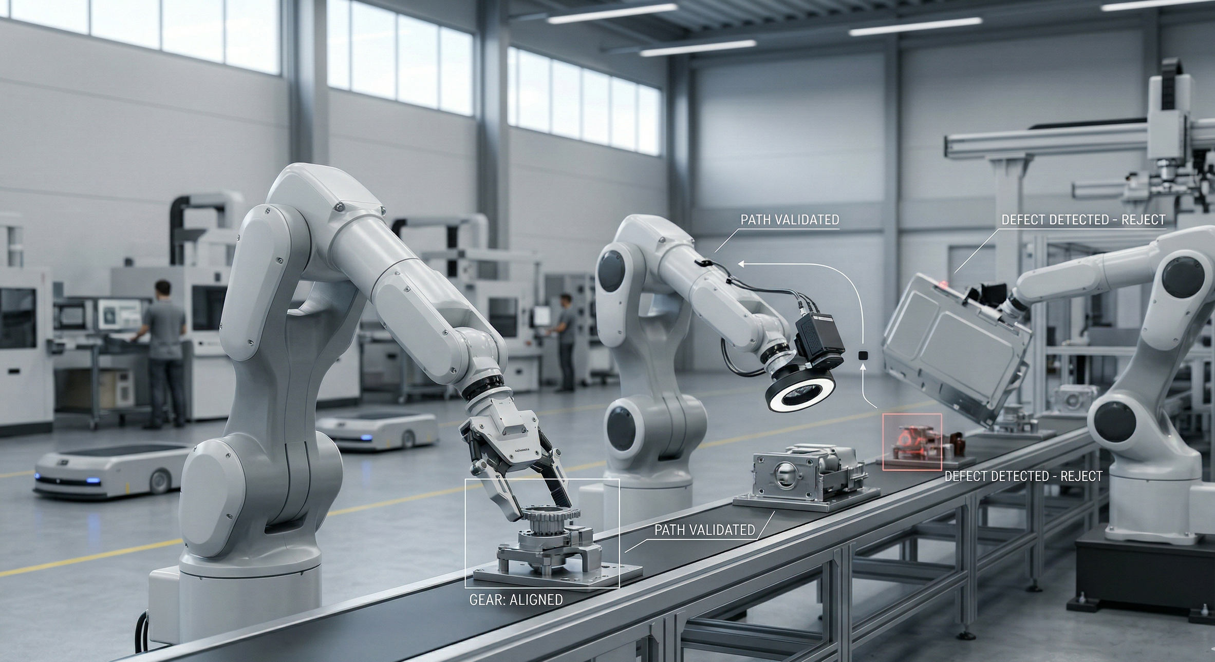 Robotic arms powered by AI working in an industrial factory setting with quality control labels such as "PATH VALIDATED" and "DEFECT DETECTED - REJECT" displayed on the image. #computervision #robotics #cognition