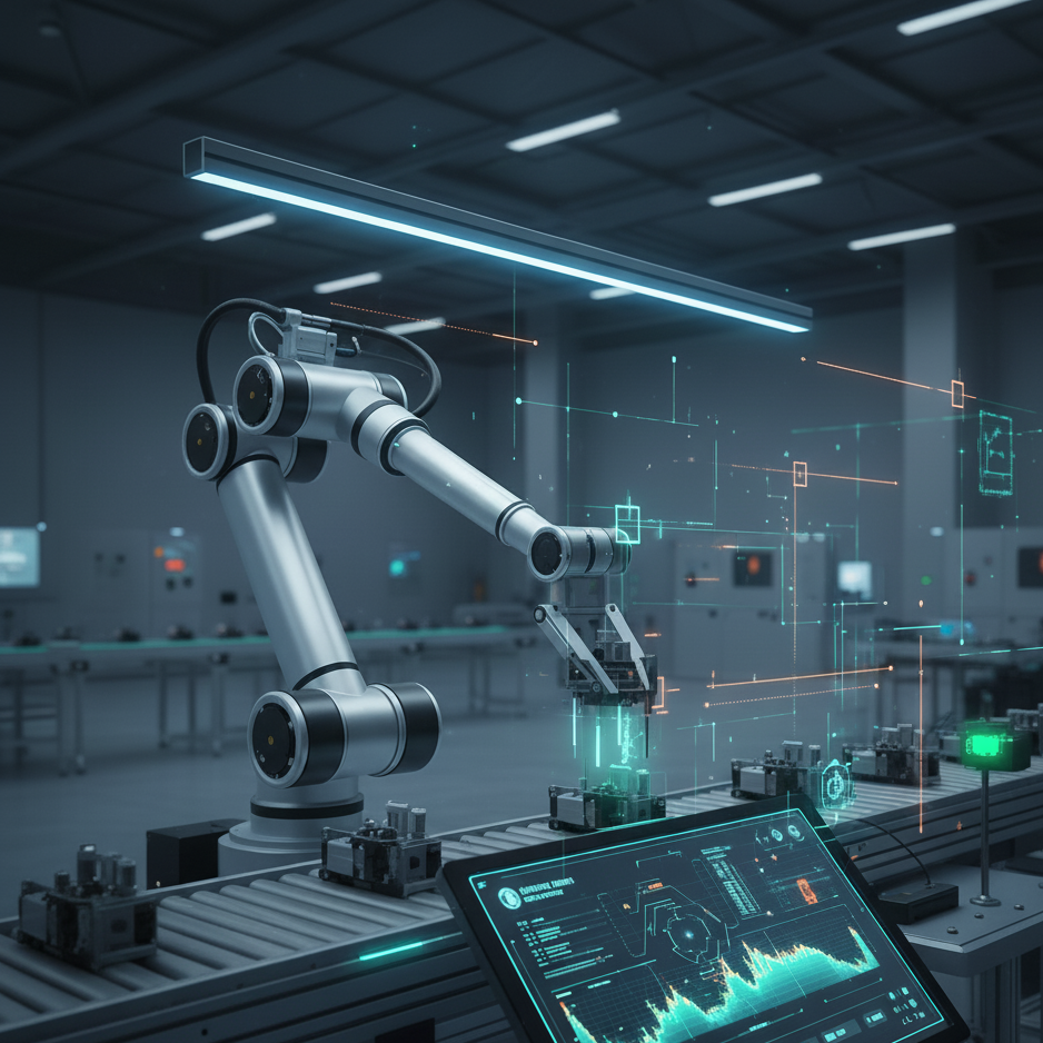 Automated robotic arm working on an assembly line in a high-tech manufacturing facility powered by vision AI.