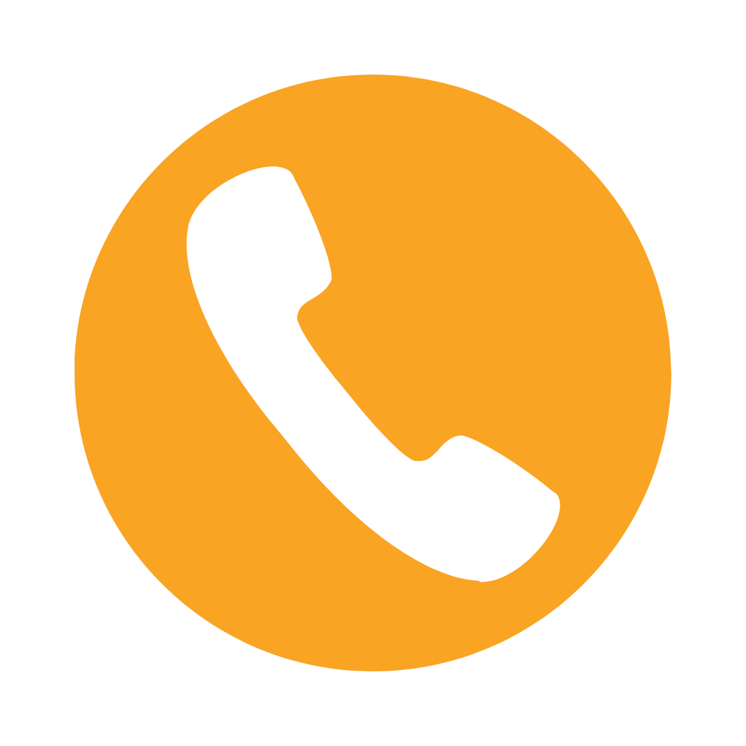 Icon of a black telephone handset on an orange circular background.