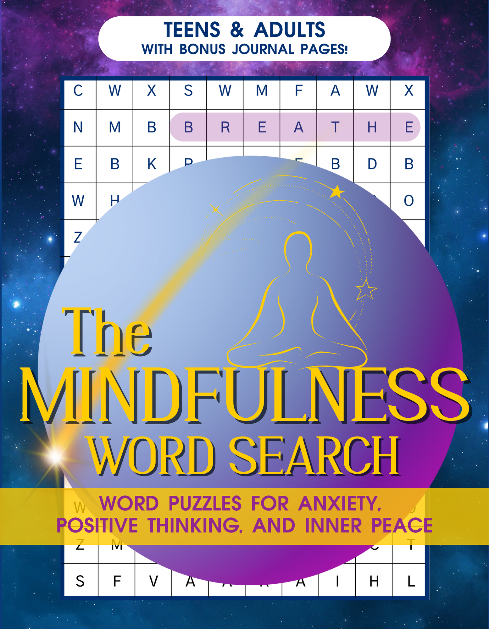 Book cover titled "The Mindfulness Word Search" featuring a background of a starry sky and a purple planetary shape. The cover includes a meditative silhouette, a starry arc, and a partially visible word search puzzle titled "Teens & Adults with Bonus Journal Pages!"