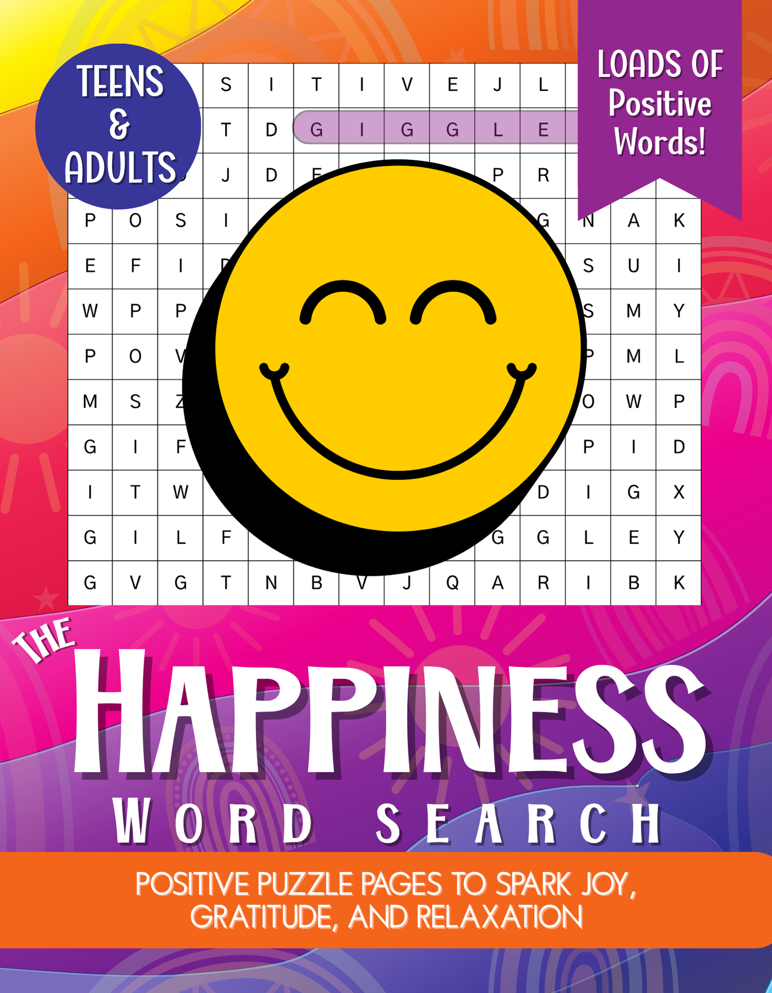 Cover of a word search puzzle book titled 'The Happiness Word Search' with a large smiling yellow face emoji in the center. The background features colorful abstract designs and a portion of a smaller puzzle grid at the top. The cover mentions it contains positive words for teens and adults and promotes sparking joy, gratitude, and relaxation.