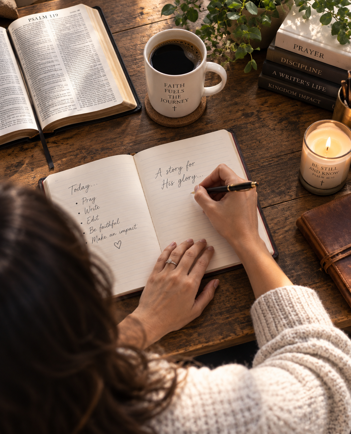 A person writing in a prayer journal with a list of daily intentions, surrounded by a Bible, a cup of coffee, a candle, and prayer books on a wooden table.