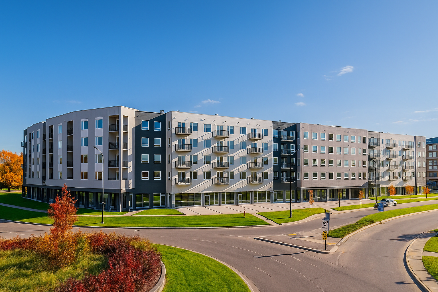 Modern multi-story apartment building with balconies, surrounded by manicured lawns and curved roads, under a clear blue sky.