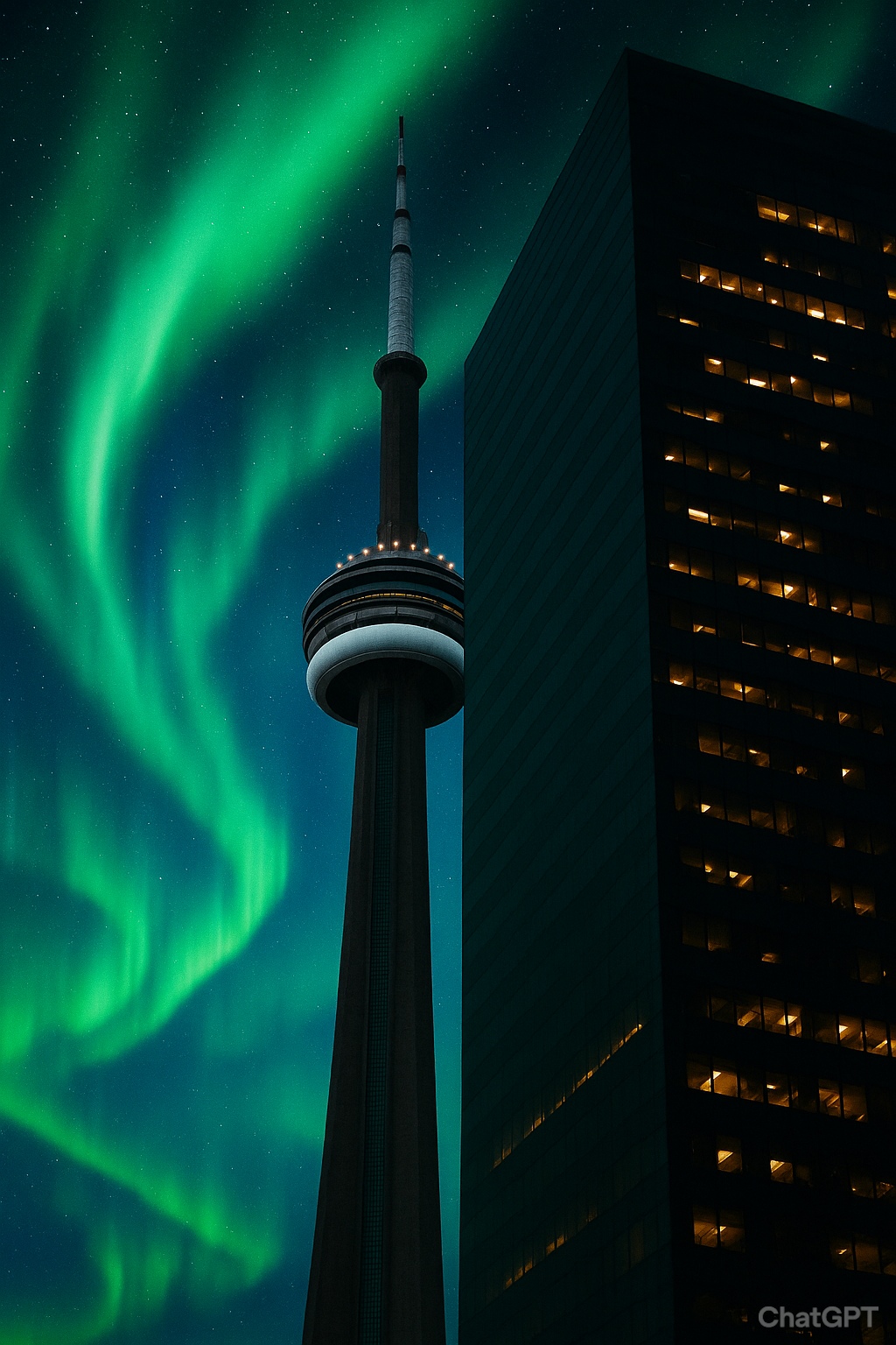 Night view of the CN Tower in Toronto with green aurora borealis in the sky and a tall dark building on the right with lit windows.