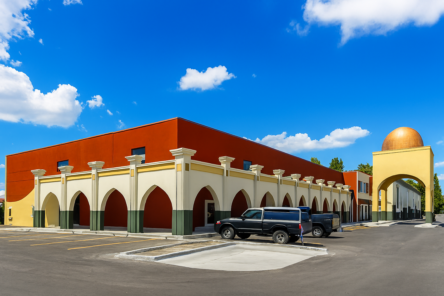 Colorful building with arches and a small parking lot in front, under a blue sky with clouds.