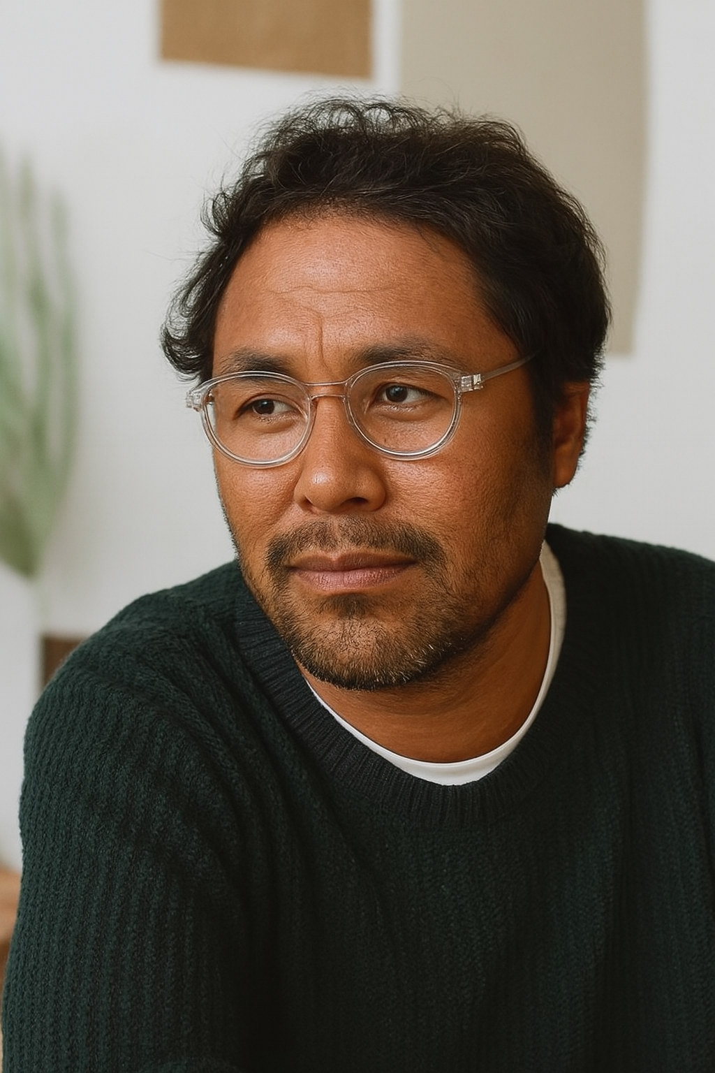 A man with glasses, short black hair, and a beard, wearing a black sweater, sitting indoors with a white wall and a plant in the background.