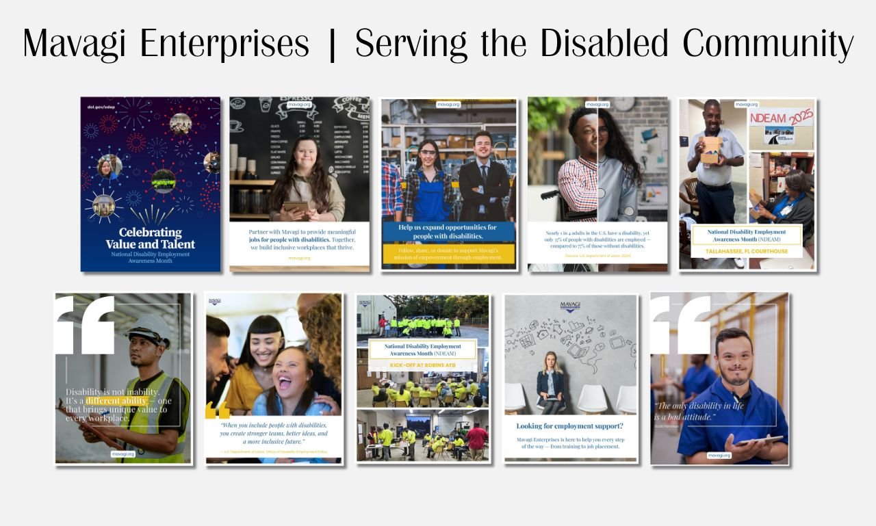 Collage of promotional images from Mavagi Enterprises celebrating National Disability Employment Awareness Month, showing diverse people with disabilities in workplaces and community events