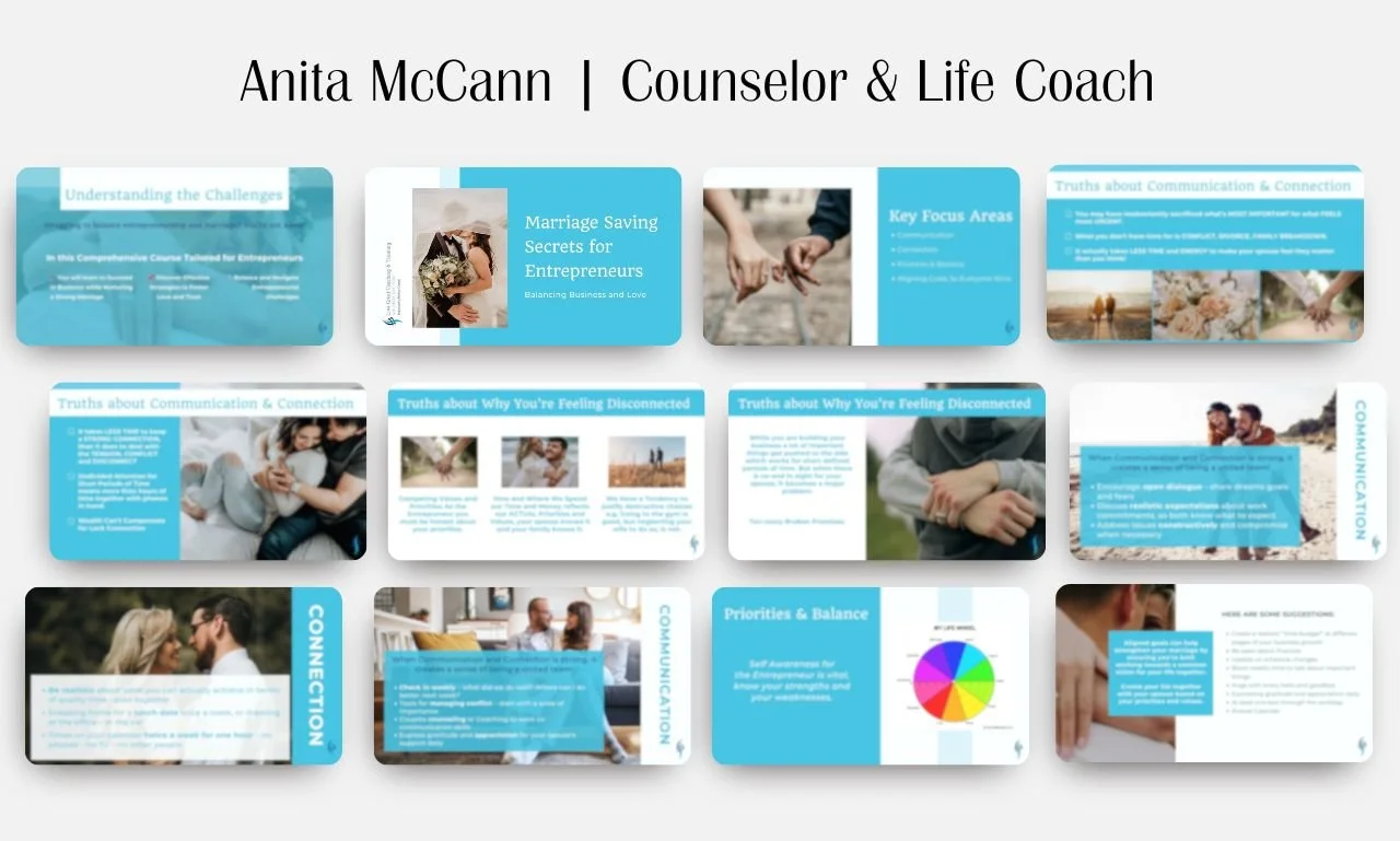 Presentation slides from Anita McCann titled 'Counselor & Life Coach,' covering topics such as understanding challenges, marriage saving secrets for entrepreneurs, communication, feelings of disconnect, and balancing priorities