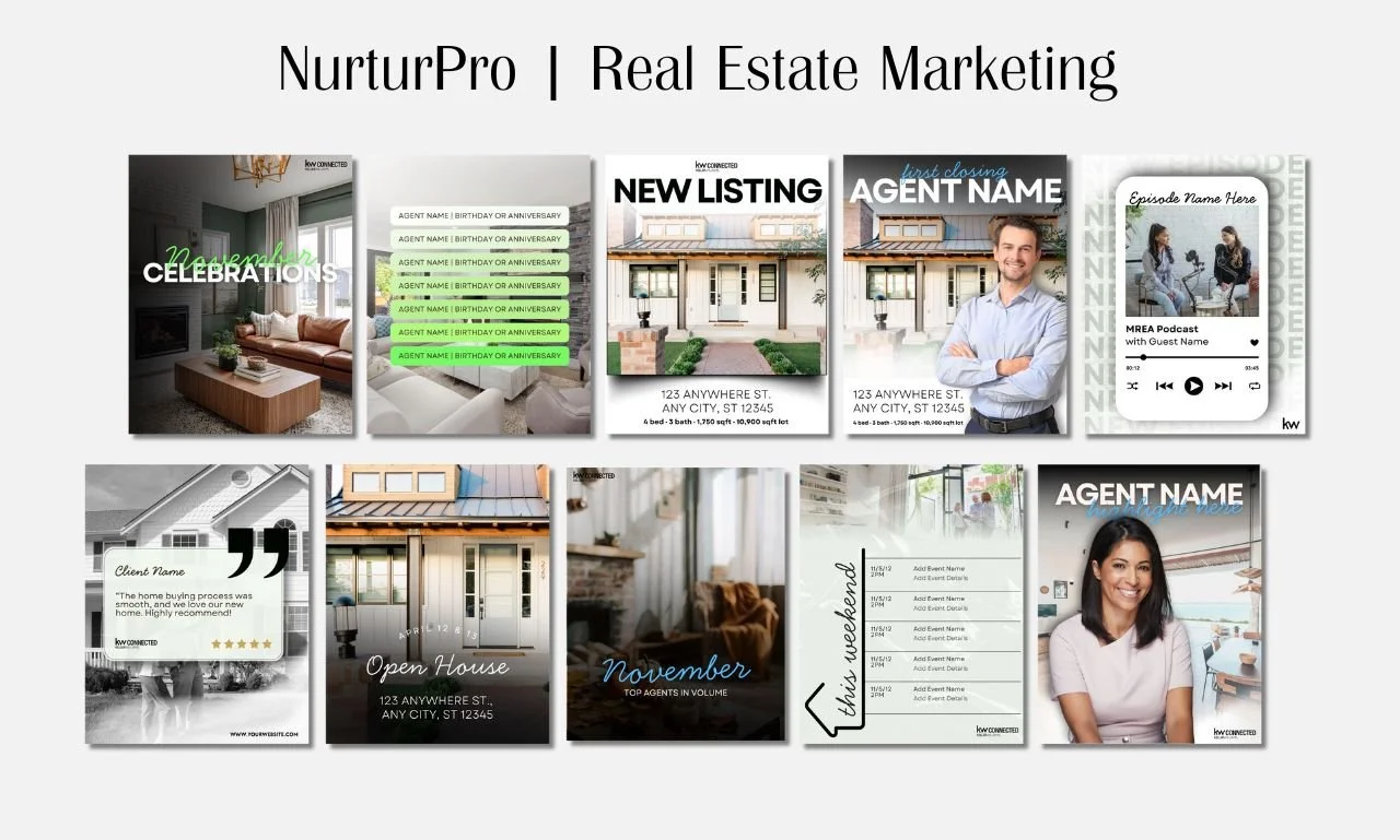 A collage of real estate marketing materials including property listings, agent profiles, a podcast, and open house advertisements from NurturPro.