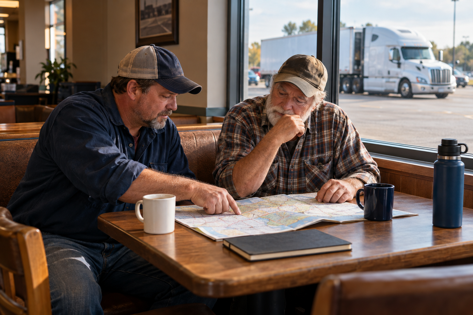 Two truck drivers reviewing a road map during a break at a truck stop lounge.