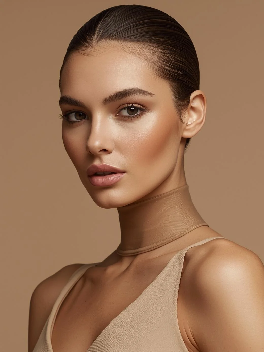A woman with slicked-back hair, neutral makeup, wearing a sheer beige top and matching choker, against a beige background.