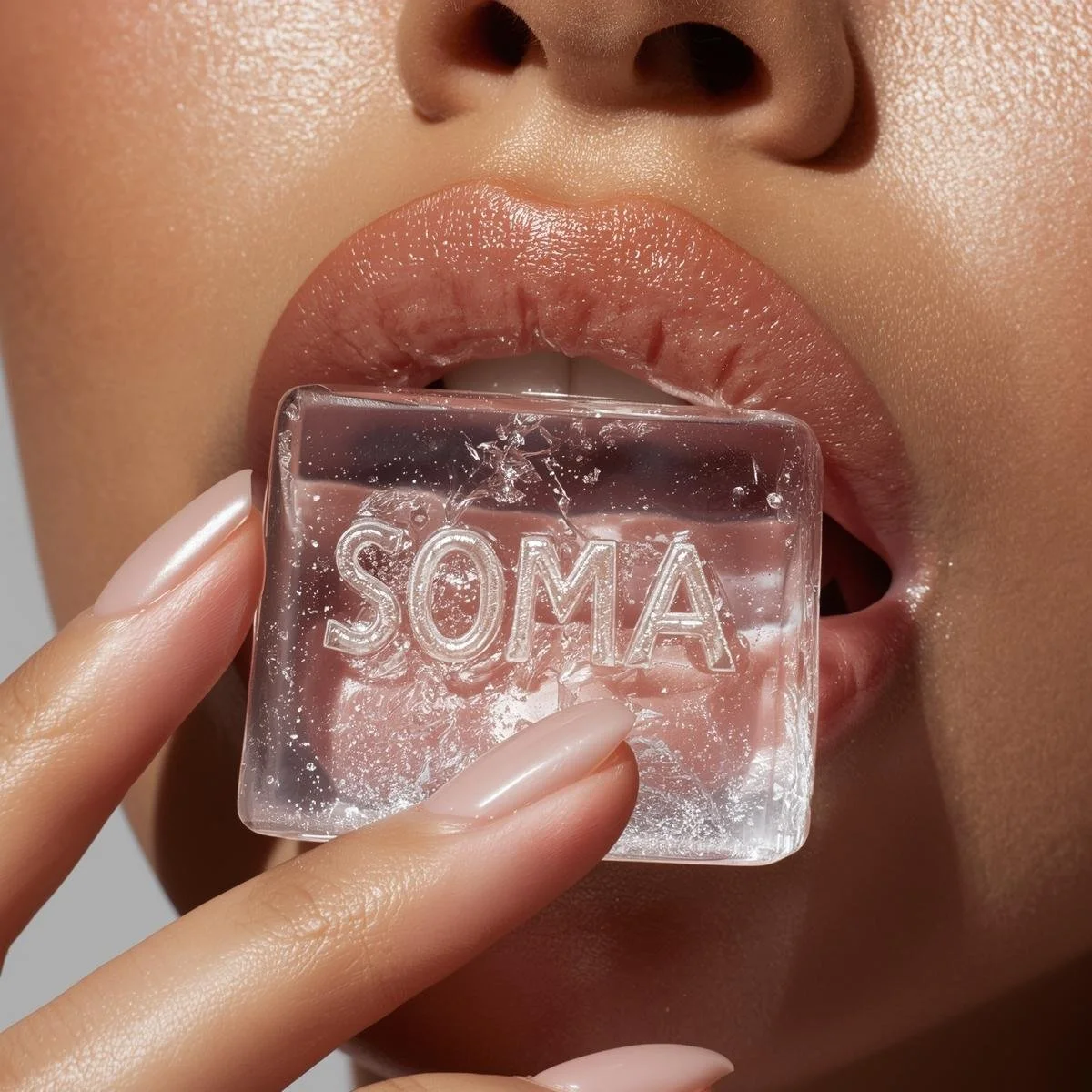 Close-up of a person's lips holding a clear ice cube between their teeth, with the word 'SOMA' engraved in the ice cube, and smooth skin with light makeup.