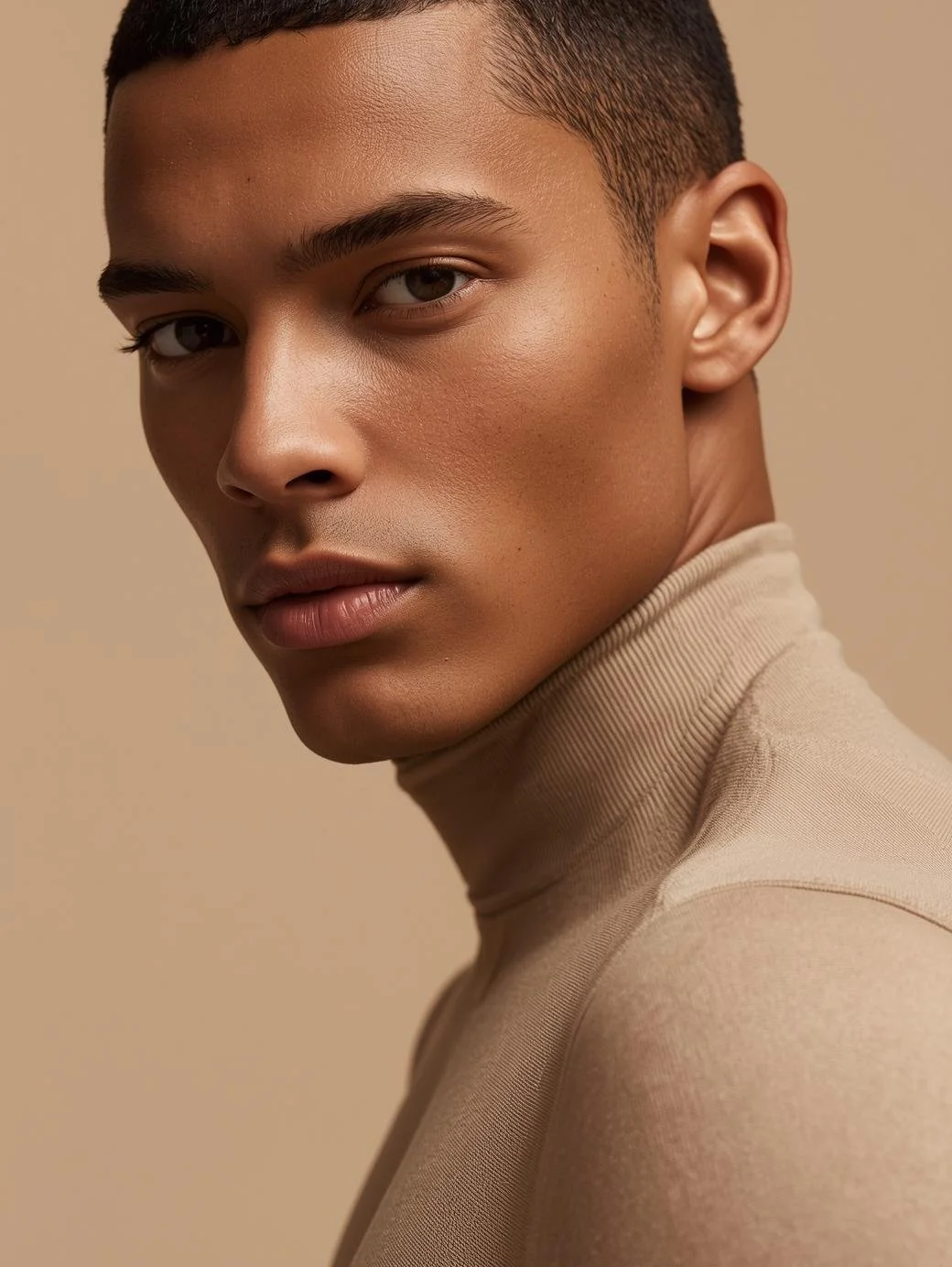 Close-up portrait of a young man with short dark hair and smooth skin, wearing a beige turtleneck, looking softly at the camera against a beige background.