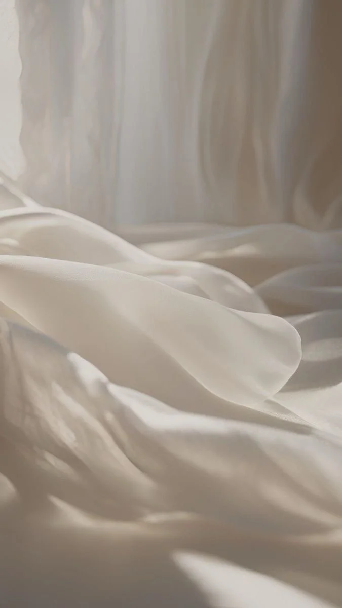 Close-up of soft, flowing white fabric, possibly silk or satin, with gentle folds and subtle sheen.