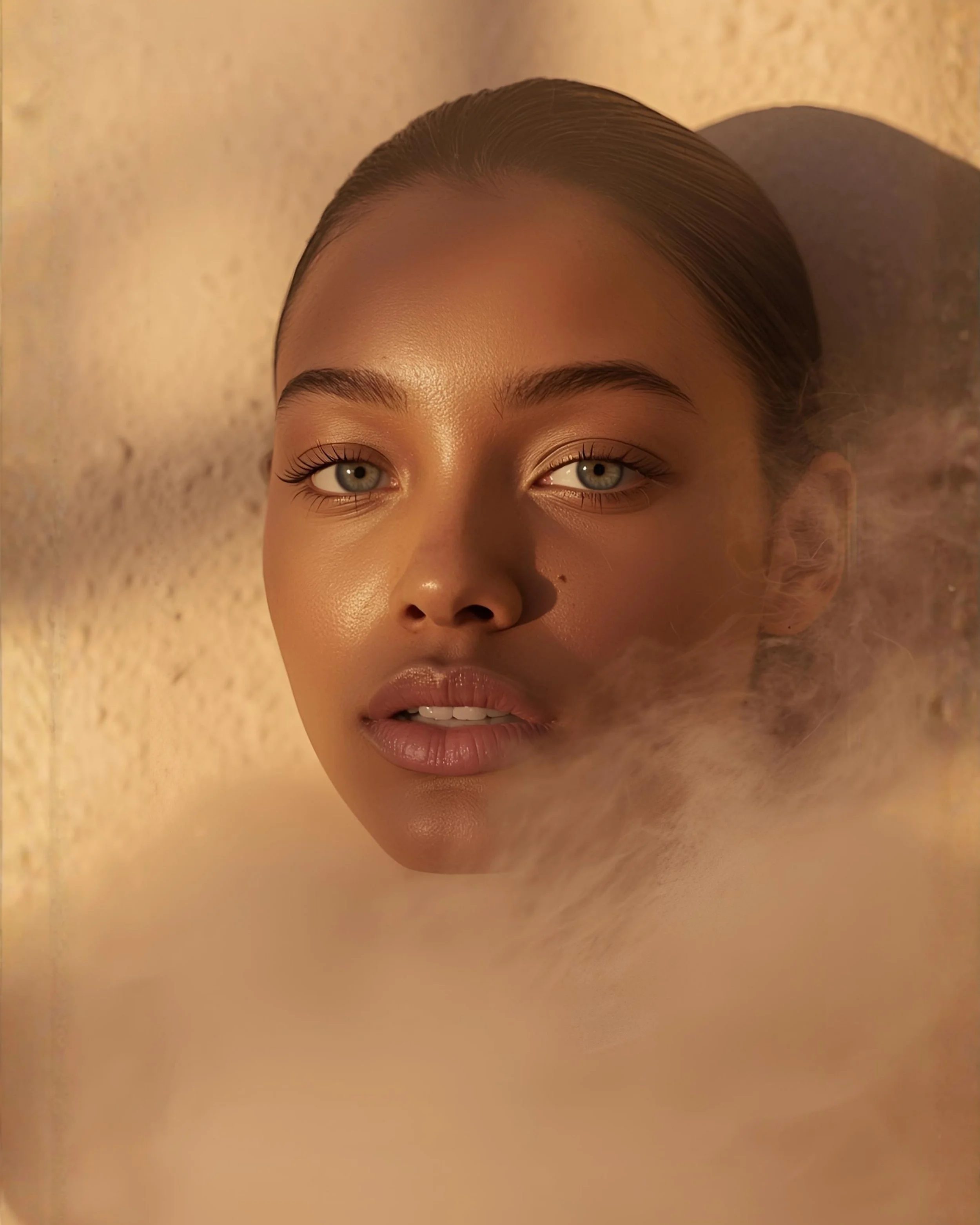 A woman with smooth, shiny skin and blue eyes lying on a sandy surface, partially obscured by a smoky or misty effect.
