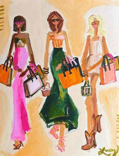 Fashion illustration of three women wearing stylish summer outfits, carrying shopping bags, with blurred background.