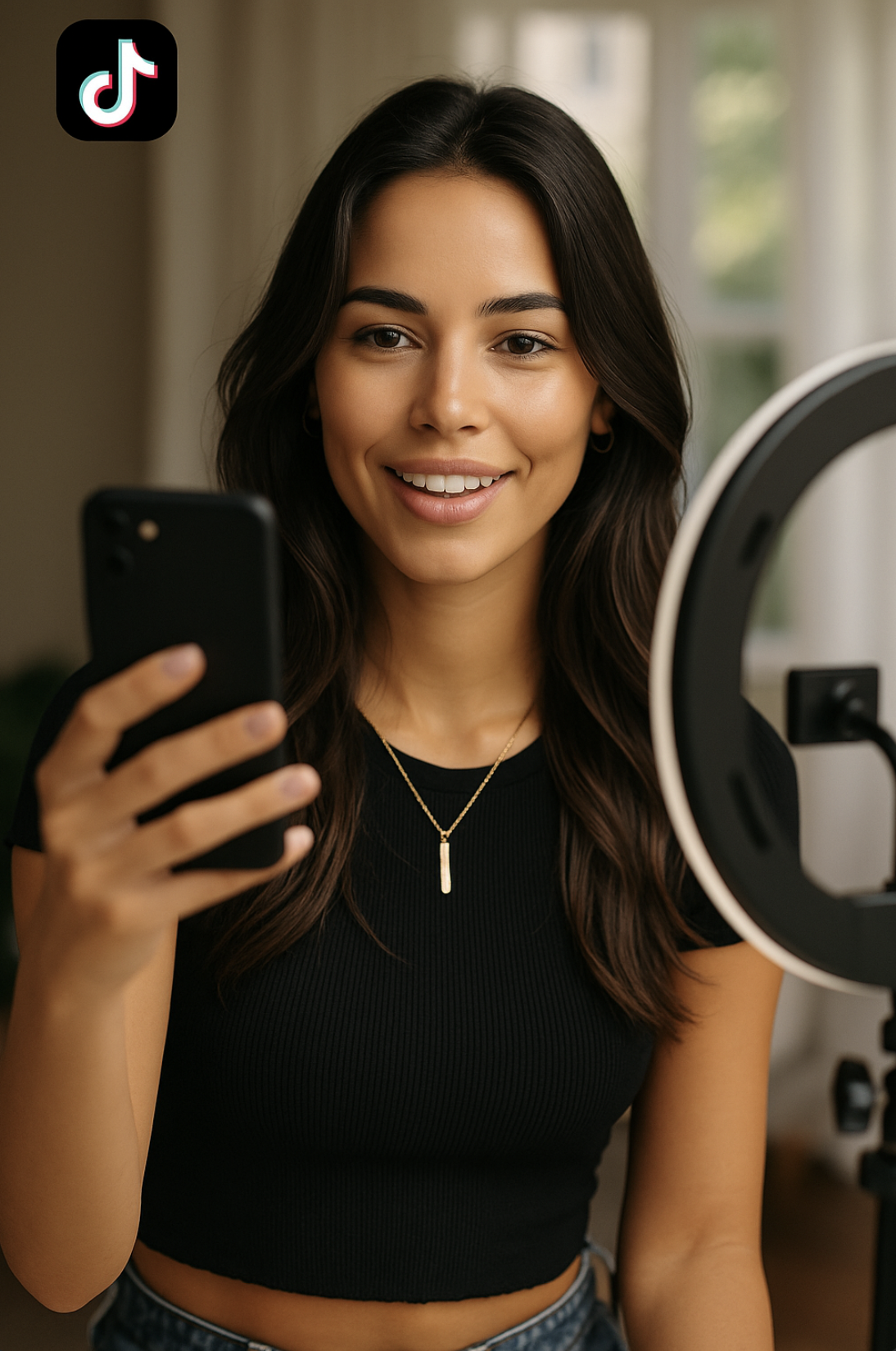 A young woman with long dark hair is smiling and looking at her phone while sitting in front of a ring light, suggesting she is recording a video or taking a photo.