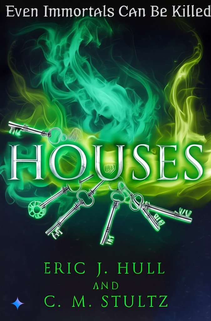 Book cover titled 'Houses' by Eric J. Hull and C. M. Stultz. The cover features green and yellow swirling smoke and several glowing, neon-like keys of different shapes and sizes. The background is dark, with the title in large white letters and the authors' names in smaller green text.