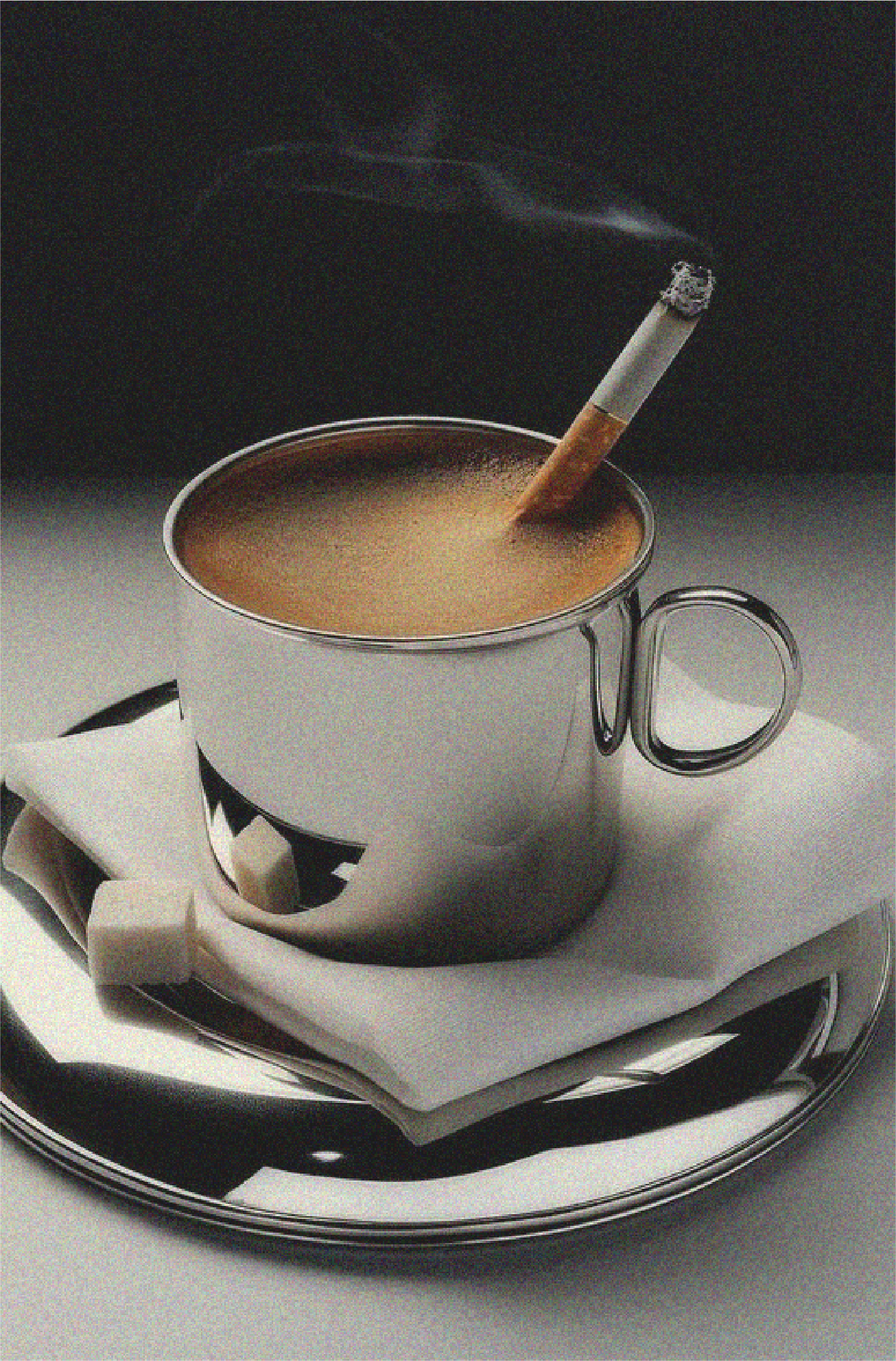 A lit cigarette in a metallic mug of coffee on a white table.