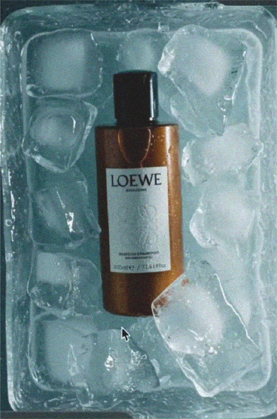 A bottle of Loewe fragrance on ice surrounded by ice cubes in a freezer.