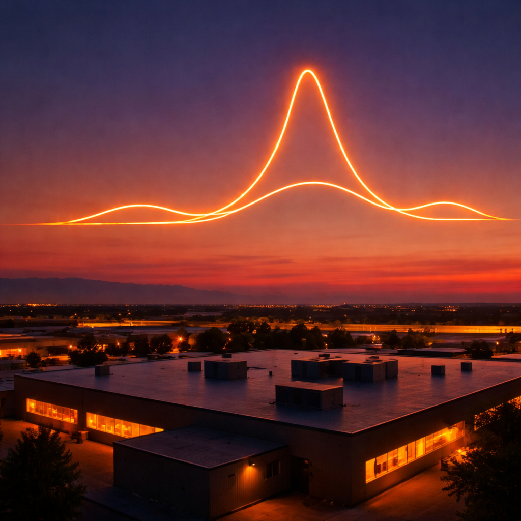 Commercial industrial buildings at dusk with energy demand curve illustrating peak demand and electricity price volatility