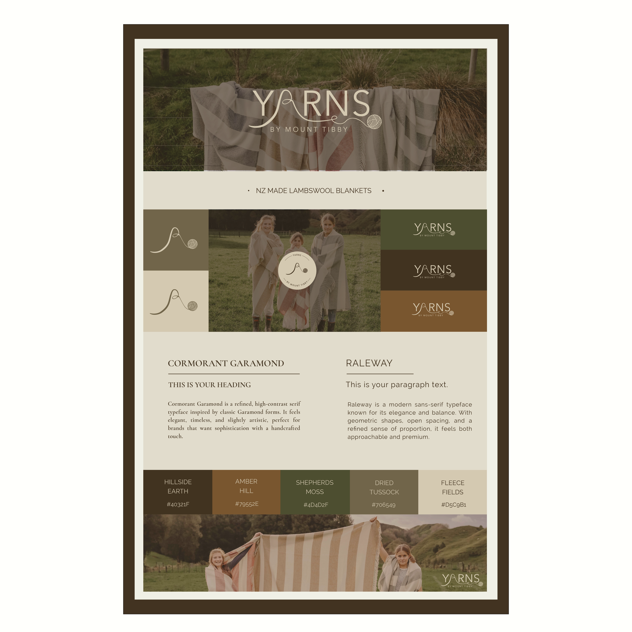 A promotional flyer for YARNS by Mount Tibb, showcasing NZ-made lambswool blankets, with images of people wrapped in blankets outdoors, color palettes, and text about blanket types and colors.