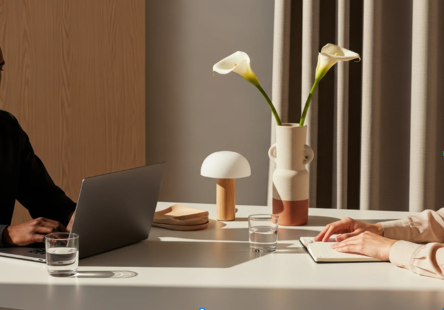 Ett bord med två personer, en med en laptop och den andra med en anteckningsbok. Innehåller en vase med två blommor, ett bordslampa, två glas vatten och en liten anteckningsbok.