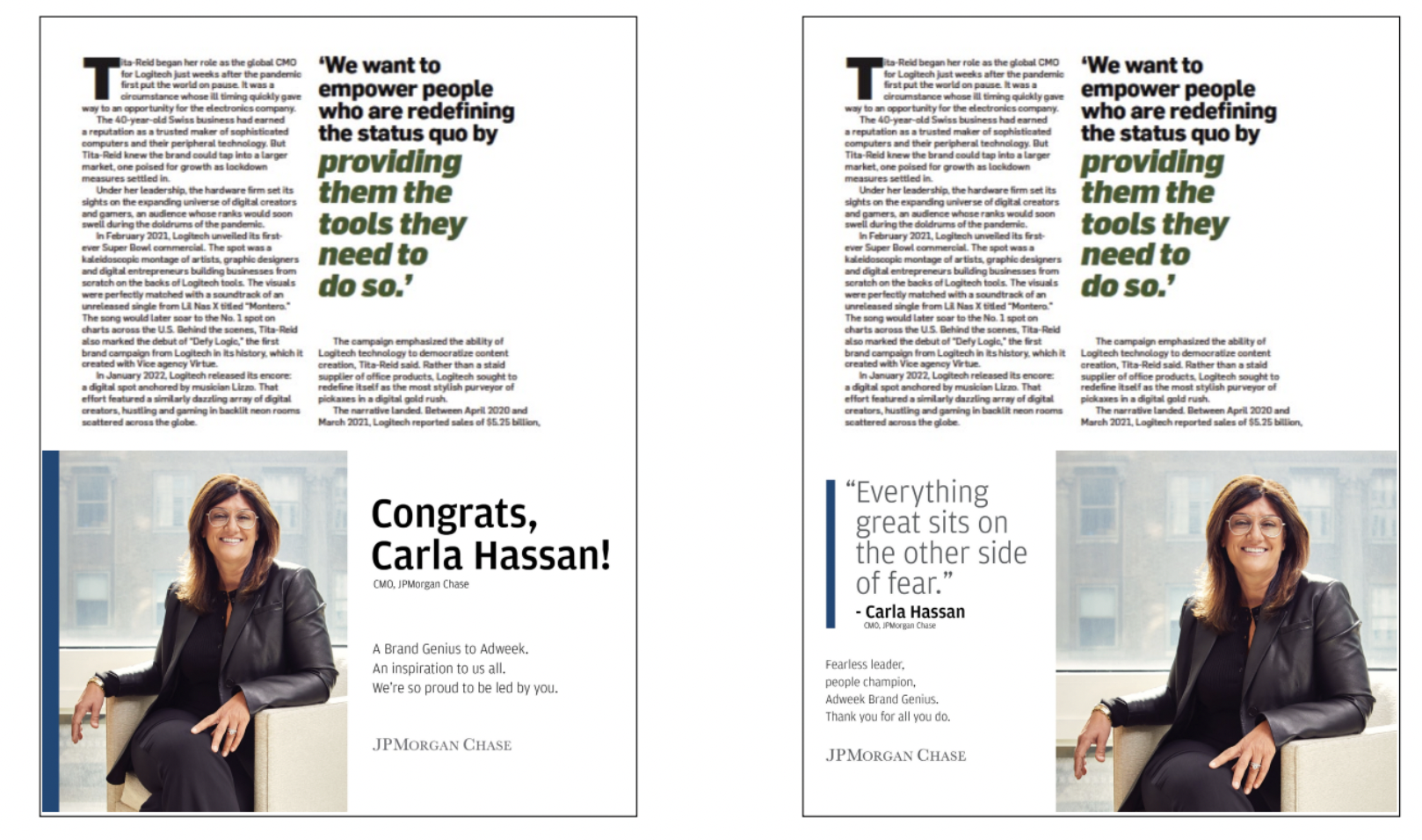  Mocks for Adweek’s Brand Genius Award dedicated to JPMorganChase’s CMO Carla Hassan.  