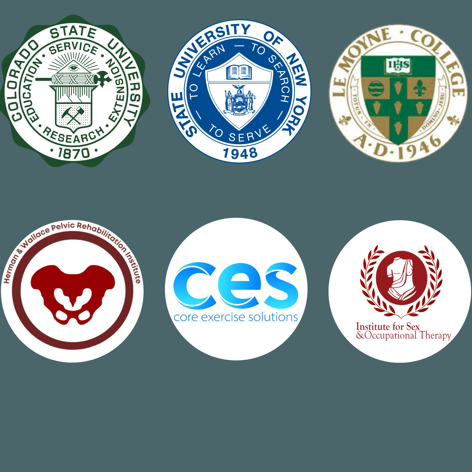 Six logos of various educational, health, fitness, and therapy organizations arranged in two rows on a gray background.