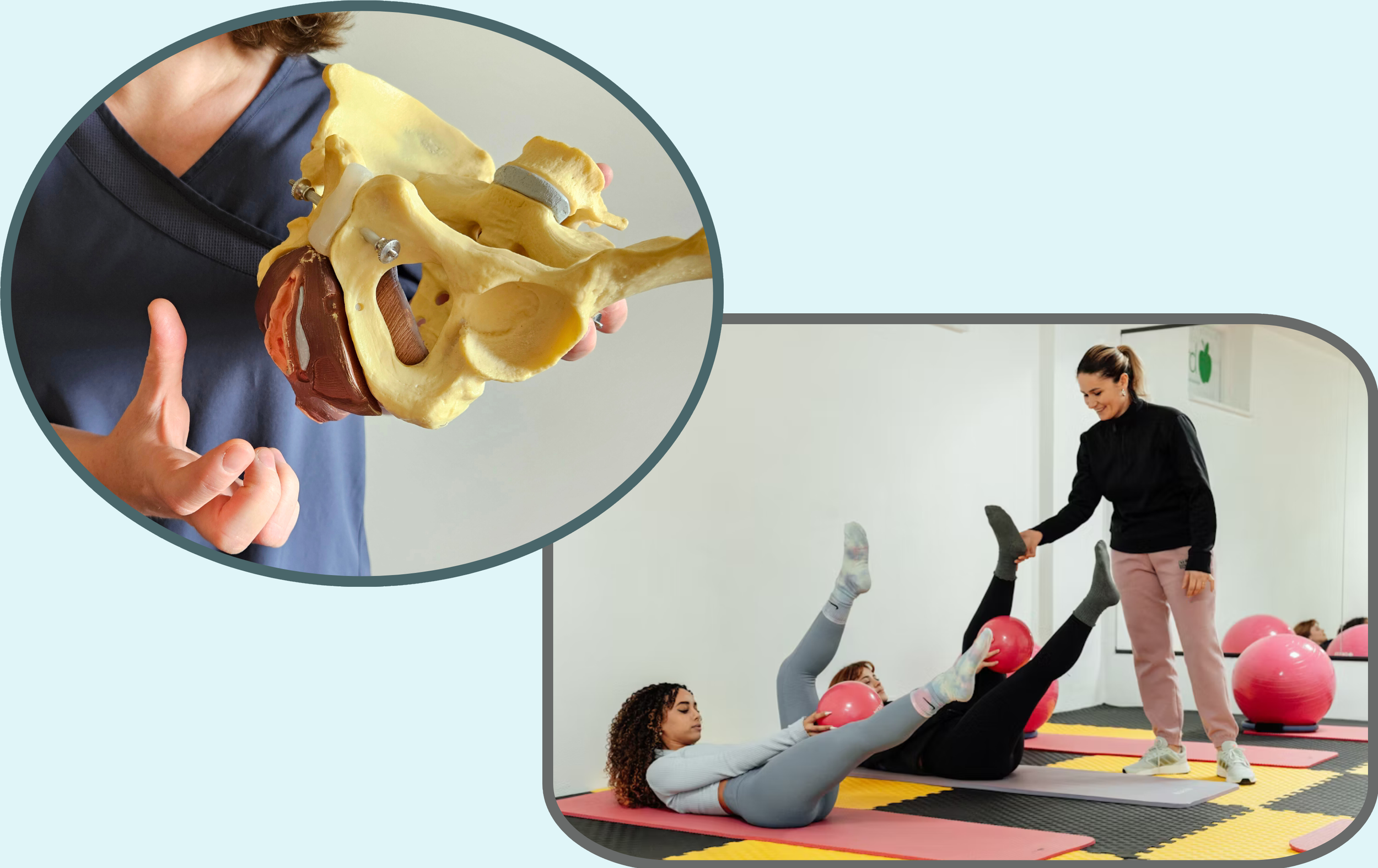 A woman in a black hoodie instructing two women doing Pilates with pink exercise balls in a fitness class, in a room with pink stability balls and mirrors.