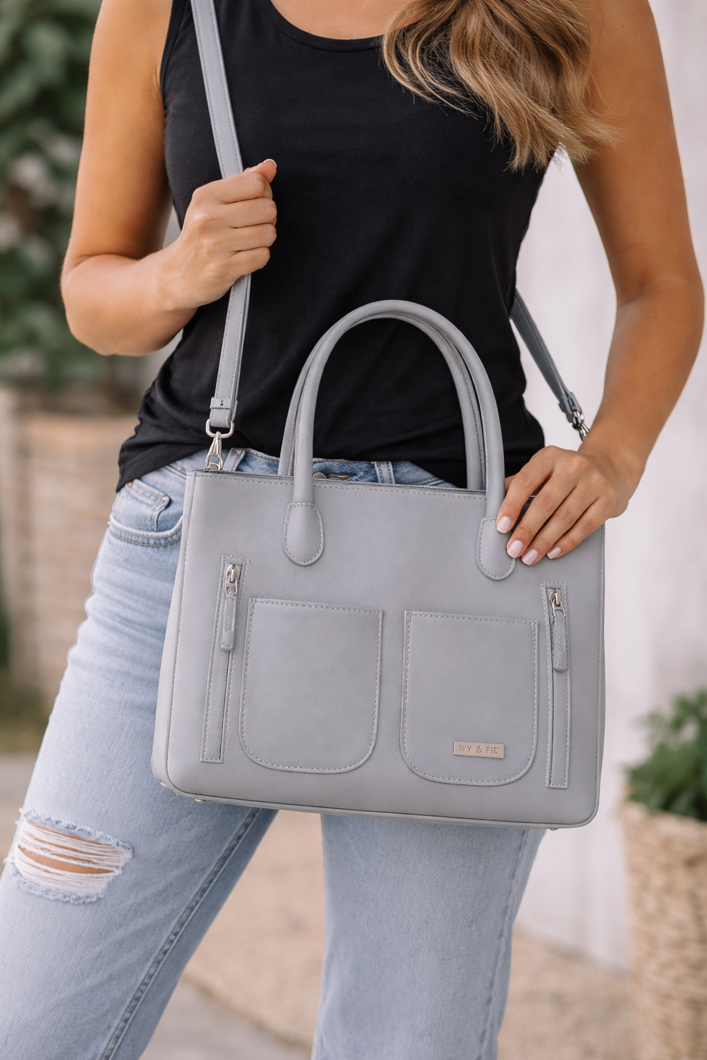 Ivy & Fig Gray Vegan Leather Tote Purse | Structured Work Bag