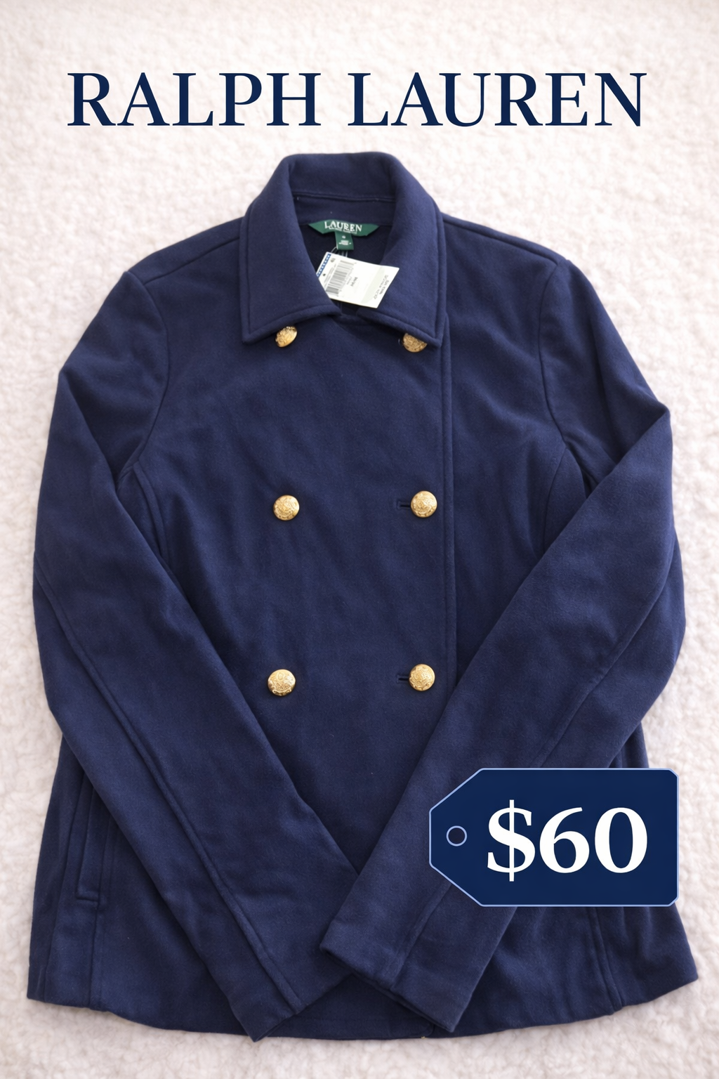 Ralph Lauren Womens Blue Button Up Coat Gold Buttons Size Medium New With Tags