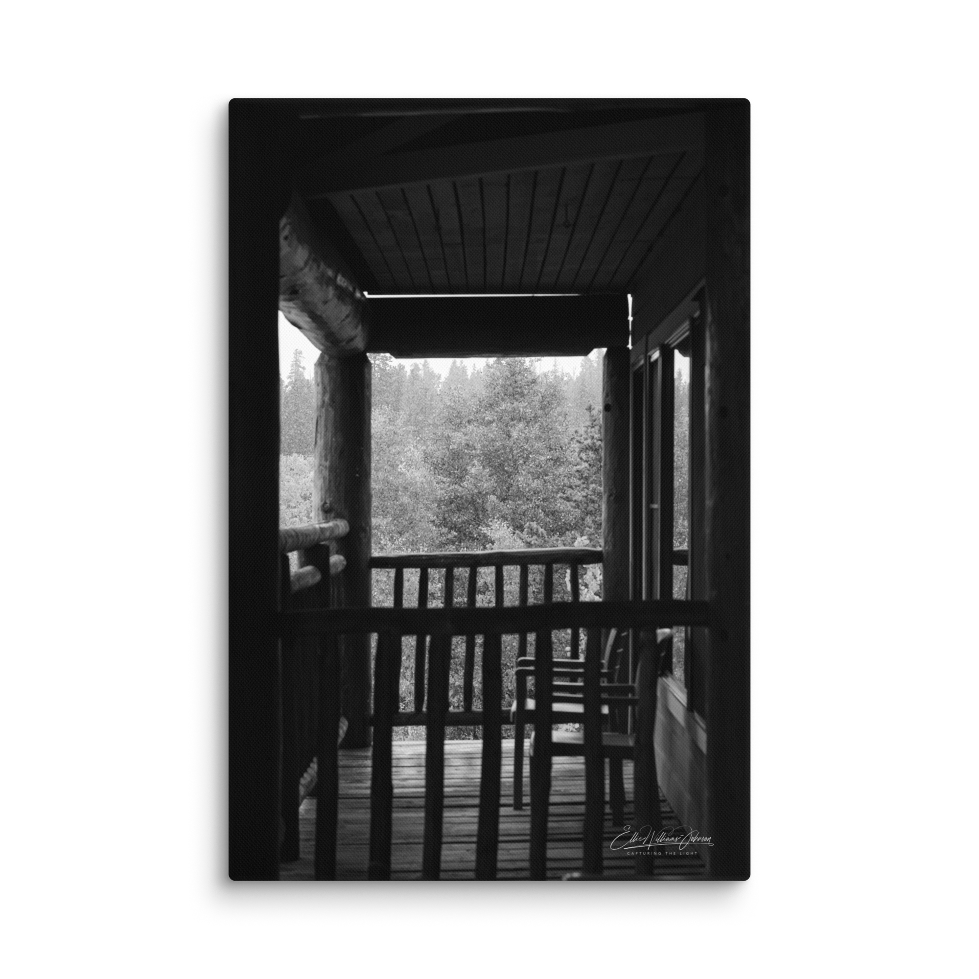 View of a rustic wooden porch with chairs, overlooking trees and a cloudy sky in black and white.