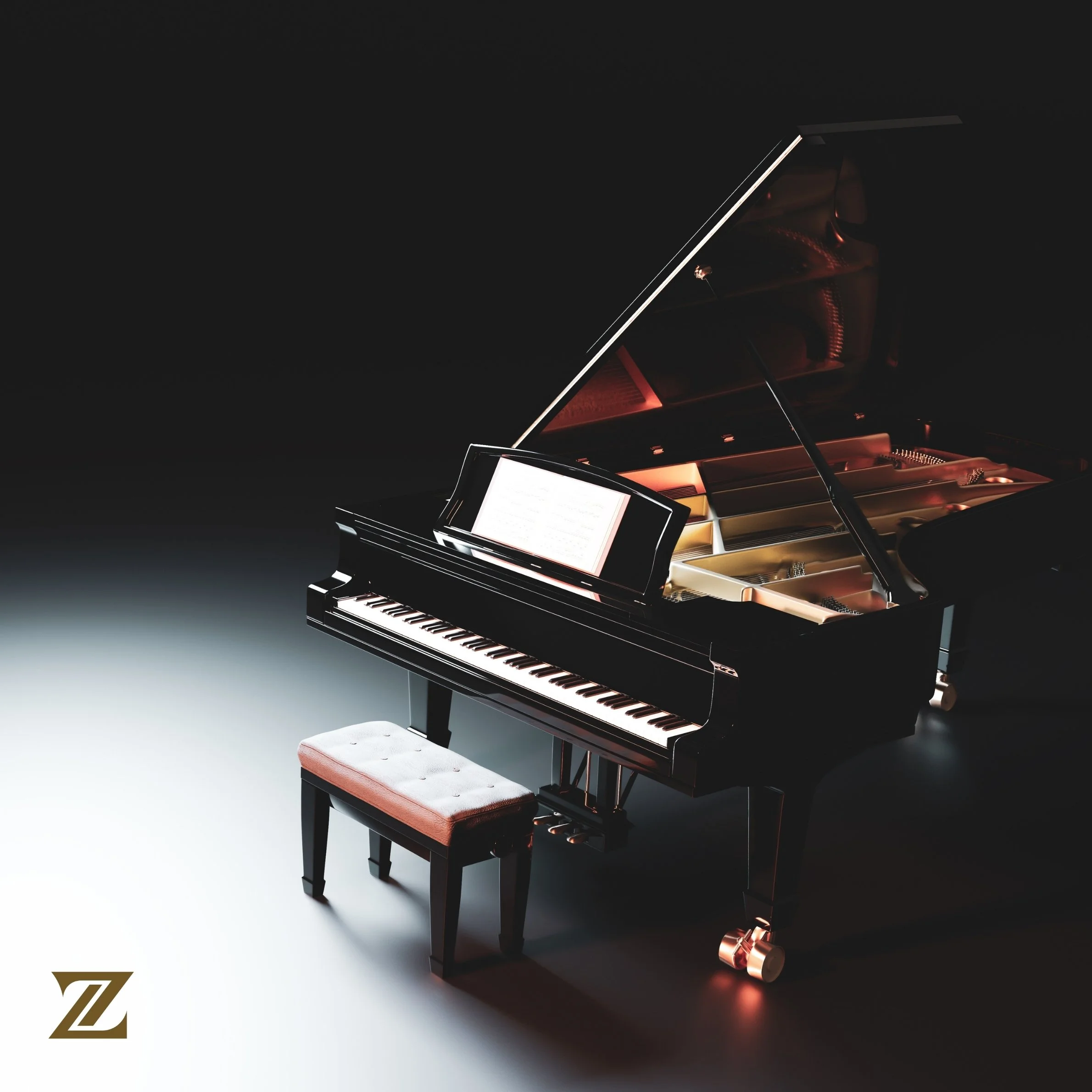 Elegant black grand piano with cushioned bench, highlighted under dramatic lighting, symbolizing sophistication and musical artistry.