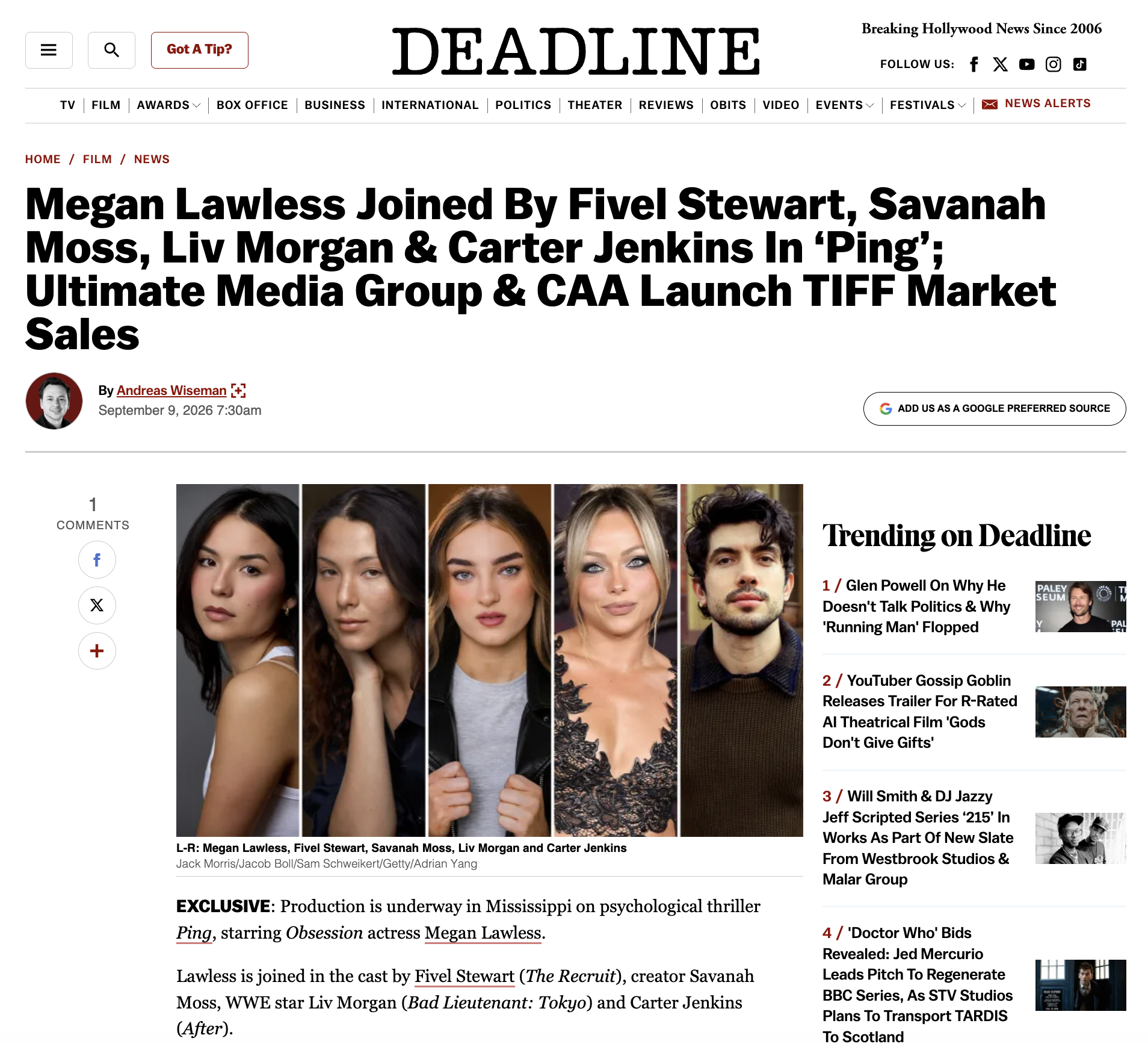 EXCLUSIVE: Production is underway in Mississippi on psychological thriller Ping, starring Obsession actress Megan Lawless.

Lawless is joined in the cast by Fivel Stewart (The Recruit), creator Savanah Moss, WWE star Liv Morgan (Bad Lieutenant: Tokyo